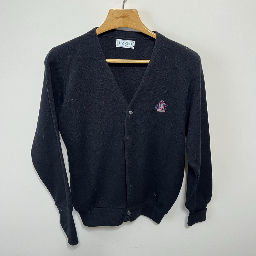 Vintage Izod Sweater Cardigan Mens Medium Black Acrylic Ivy Collegiate Academia